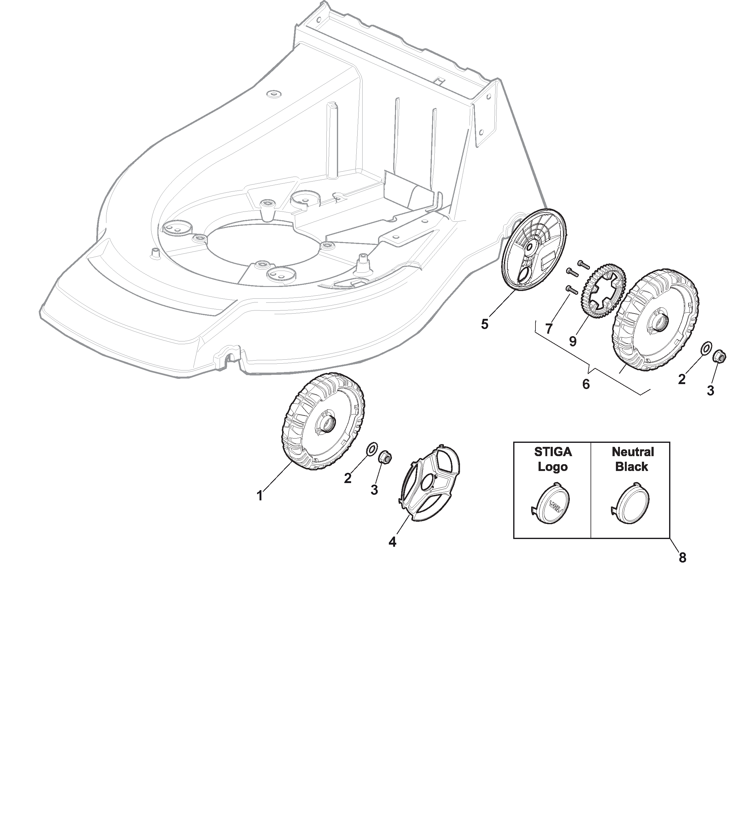 Колеса и колпаки для бензиновых газонокосилок Stiga TURBO POWER 50 S B, артикул: 295506028/S16 - цена в Москве, купить запчасти Стига в интернет-магазине «Премиум инструмент»